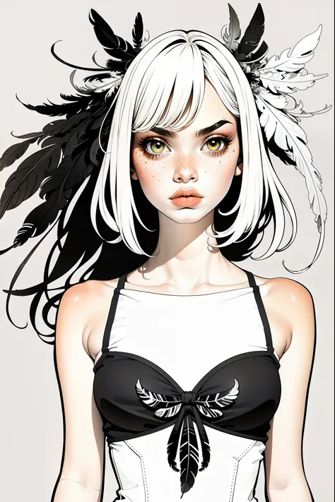 partially colored, lineart style, (masterpiece, best quality:1.2), (simple background:1.5), 1girl, (black and white feathers, sy...