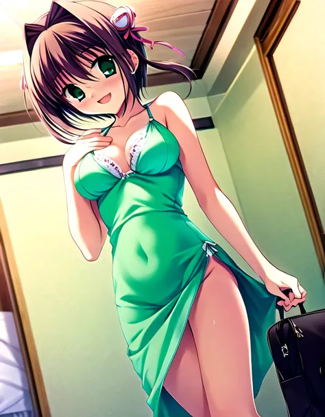 asakura_yume,Brown Hair,Medium Chest,Aqua Eye,White skin,Japanese-style room,((Are standing)),((Breast augmentation)),(((((green_Summer Dresses))))),((valley)),No bra,smile,Open your mouth,