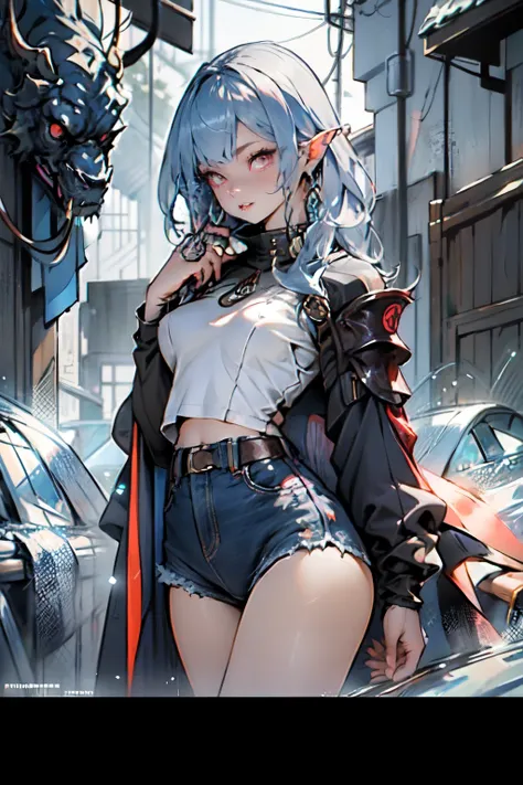 perspective upright young beautiful little elf vampire with long ashen hair red eyes light open dark top denim shorts rag shoes without fasteners beautiful slightly open breasts breasts of the second size without a cape full height in excellent quality