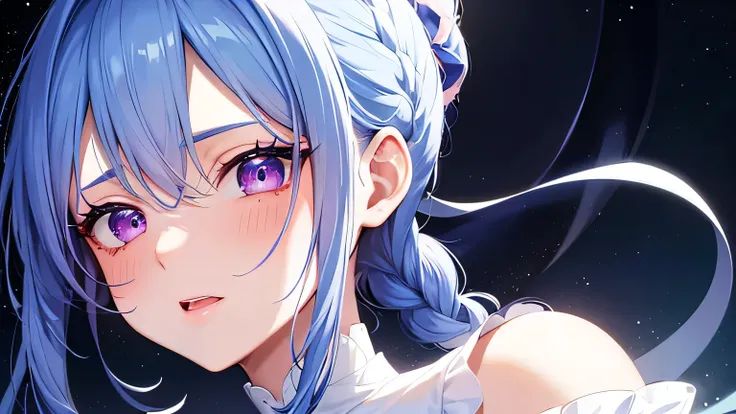 Blue hair, braided ponytail, magenta eyes, fair skin,Front shot,1 girl,very detailed beautiful face and eyes,Ahegao,cute eyes,white dress,piece sign,surprised,looking up,