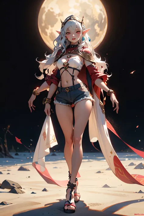 full-length perspective standing young beautiful little elf vampire with long ashen hair red eyes light open dark top denim shorts rag shoes without fasteners beautiful slightly open breasts breasts of the second size without a cape in excellent quality