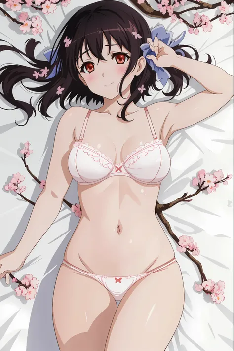 [[anime styled]],[[digitalart]],NSFW,1girl in,park,lawn,(many cherry blossoms),Cherry blossoms are in full bloom,Cherry blossom petals dance and are scattered,(spread a sheet),(lying on the  sheet),windy,Tomomi_Xijing,red eyes,black hair,hair ribbon, Short...