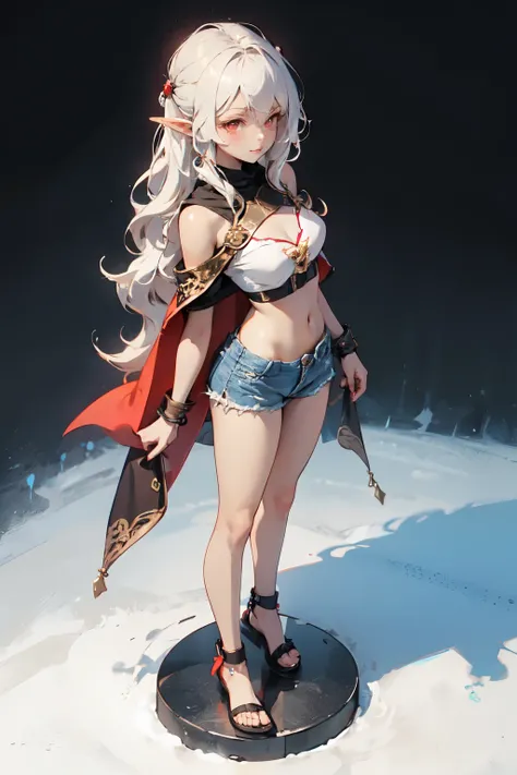 full-length perspective standing young beautiful little elf vampire with long ashen hair red eyes light open dark top denim shorts rag shoes without fasteners beautiful slightly open chest breasts of the second size short legs without a cape in excellent q...