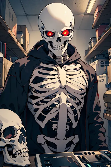 ((Best quality)), ((masterpiece)), (detailed),a skeleton,death guy DJ,a skeleton,red-eyed
,in a sweatshirt