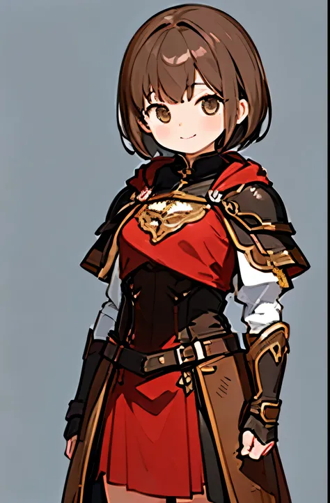 masterpiece　High resolution　Accuracy　Girl　Brown Hair　short hair　smile　Droopy eyes　Leather armor　Brown cloak　White background　upright