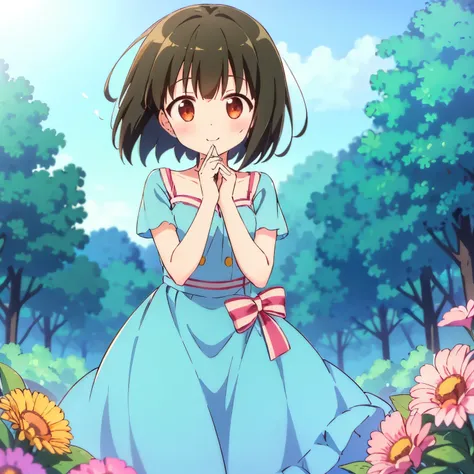 happy short haired girl among flowers