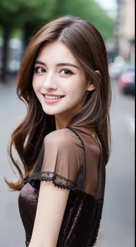 ((Best quality, 8k, Masterpiece :1.3)), 1girl, smiling, full body, slim face, Pretty woman, (Dark brown hair), full length dress :1.1, Ultra-detailed face, Detailed eyes, Double eyelid,  blur background, slim face, city, outside, street,