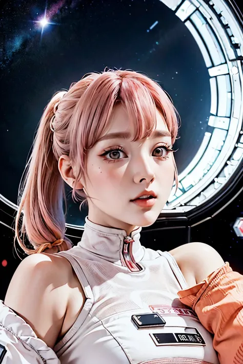 intricated details, gorgeous 25 year old woman, ponytails, pink hair, wearing a space dress white and orange, serious looking but somewhat cute, looking at the viewer, in a space station, close up, anime style, digital art, 8k
