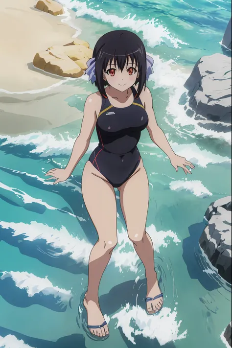 [anime styled]],[[digitalart]],nsfw,Tomomi_saikyou,black hair,Short hair,Hair Ribbon,swimming wear,sandy beach,summer,midium build,,NSFW,1girl in,short torso,anime screen cap,cel shading,smile, (strong light)、((brighten the subject)),pin-up girl pose