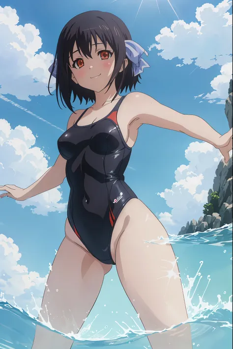 [anime styled]],[[digitalart]],nsfw,Tomomi_saikyou,black hair,Short hair,Hair Ribbon,swimming wear,sandy beach,summer,midium build,,NSFW,1girl in,short torso,anime screen cap,cel shading,smile, (strong light)、((brighten the subject)),pin-up girl pose