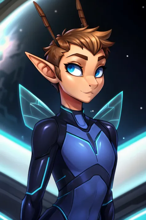 (Cute elf tomboy), Tomboy, pretty face, space station background, thin body, slim, fit, tron bodysuit, very short hair, dark blonde hair, (brushed back hair, forehead), blue eyes, forehead, flat chested, anthro bug, Ant Antenna, bug wings, adjatha