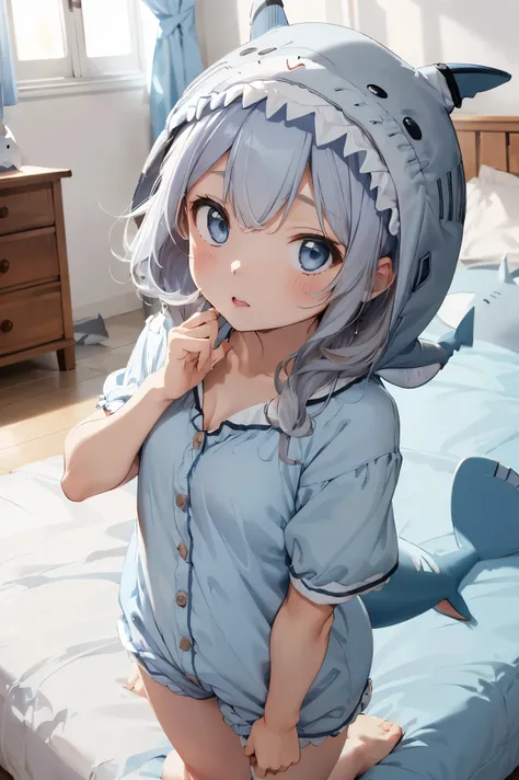 a bit, Nendoroid, ((Worst quality, low quality)), ((close), profile,1.5 Left Facing), (10 year old girl), Gray Hair, (Fluffy shark costume, short-sleeved summer pajamas:1.4), (Open Income:1.2), (Pale light blue pajamas:1.4), Animal Hoodie, (Hooded:1.Under ...