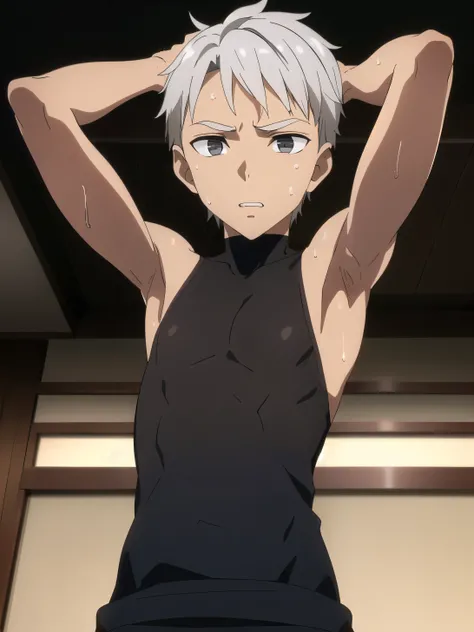 Ultra sharp, Highres, Masterpiece, Best quality at best,Best Quality,hight quality, hight detailed, 1boy, Silver hair, Shota, Transparant shirt, Dark skin, Sweat, Slim body, Upper body, Depth of field, Anime Screencap Style, Seen from front, (Showing armpi...