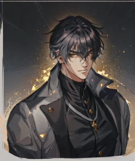 man with dark silver medium hair, tousled hair, In a black jacket, eye behind bangs, black cloak, Anime handsome, looks tired, serious, handsome guy in demon slayer art, Tall anime guy with golden eyes, male anime character, inspired by Okumura Masanobu, a...