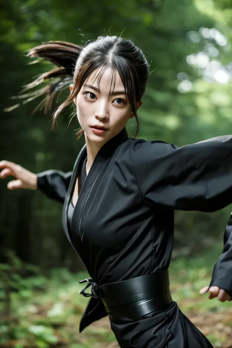 skinny Japanese woman in black Ninja kimono costume running to escape in the dark forest, beautiful face, ((detailed face, detailed eyes)), hyperrealistic photo, award-winning, masterpiece, trending on artstation