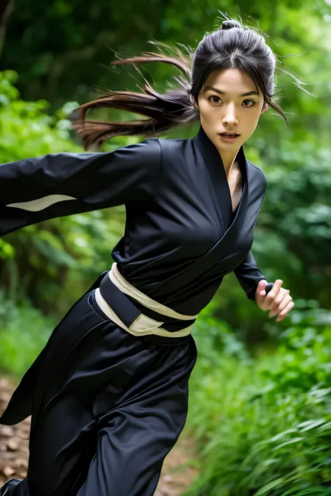 skinny Japanese woman in black Ninja kimono costume running to escape in the dark forest, beautiful face, ((detailed face, detailed eyes)), hyperrealistic photo, award-winning, masterpiece, trending on artstation