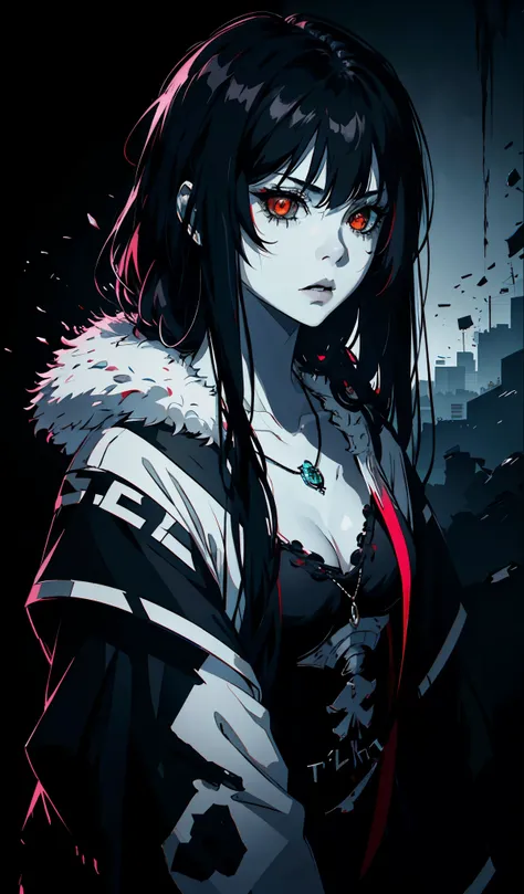 Goth girl 1girl, solo, long hair, looking at viewer, red eyes, jewelry, necklace, makeup, lipstick, black background, portrait, glowing eyes, by vergvoktre, dramatic fluorescent , gritty, intense, distorted face, nightmare fluorescent, intricate details, h...