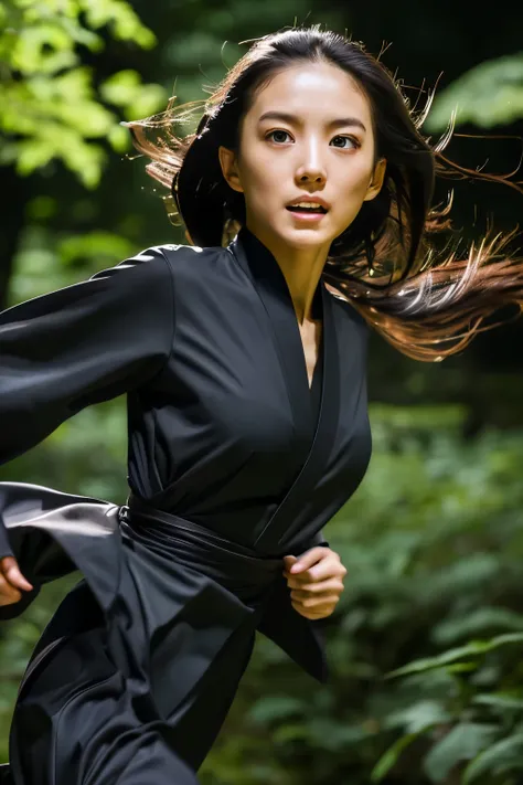 skinny Japanese woman in black Ninja kimono costume running to escape in the dark forest, beautiful face, ((detailed face, detailed eyes)), hyperrealistic photo, award-winning, masterpiece, trending on artstation