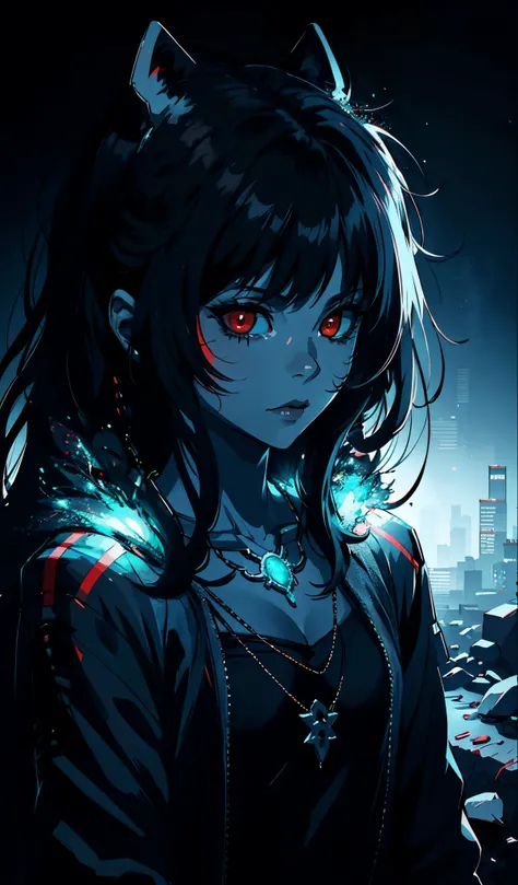 Goth girl 1girl, solo, long hair, looking at viewer, red eyes, jewelry, necklace, makeup, lipstick, black background, portrait, glowing eyes, by vergvoktre, dramatic fluorescent , gritty, intense, distorted face, nightmare fluorescent, intricate details, h...