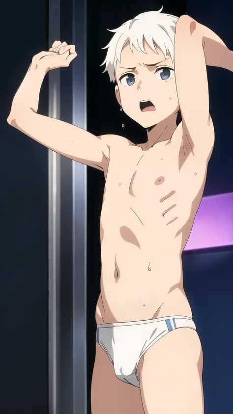 Ultra sharp, Highres, Masterpiece, Best quality at best,Best Quality,hight quality, hight detailed, 1boy, White hair, Shota, Sweat, Upper body, Depth of field, Anime Screencap Style, Seen from front, He looks cute , (Showing armpit:1.3), (very small and sh...