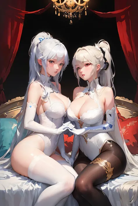 two anime girls in white lingersuits sitting on a bed, wlop and sakimichan, guweiz, two beautiful anime girls, pixiv 3dcg, guweiz on pixiv artstation, fine details. girls frontline, trending on cgstation, sakimichan and frank franzzeta, white-haired