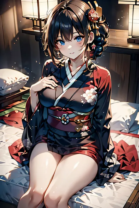 (((sit on a futon in a Japanese-style room:1.3))),(((Gorgeous courtesan kimono:1.7))),(Beautiful mature woman dressed as an aristocrat&#39;s courtesan),(((A flashy and extravagant courtesan&#39;s costume:1.3))),(Glamorous Jar),(Gorgeous floral hair ornamen...