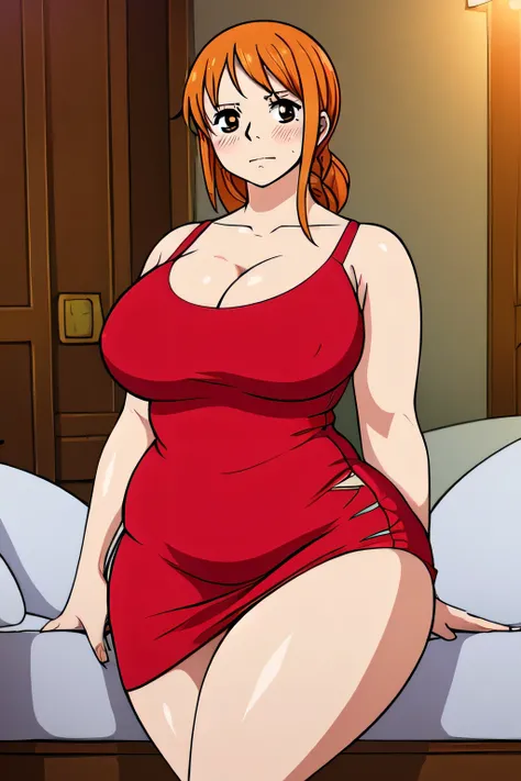 ((masterpiece)), ((realistic art)), ((anime)), ((perfect quality)), ((best quality)), ((solo)), ((girl)), Nami, orange hair, face : [very beautiful face, realistic, detailed, (perfect face), round face, plump face, plump cheeks], emotions : [ (ashamed), (b...