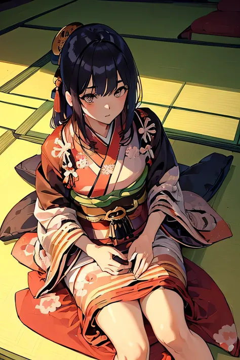 (((sit on a futon in a Japanese-style room:1.3))),(((Gorgeous courtesan kimono:1.7))),(Beautiful mature woman dressed as an aristocrat&#39;s courtesan),(((A flashy and extravagant courtesan&#39;s costume:1.3))),(Glamorous Jar),(Gorgeous floral hair ornamen...