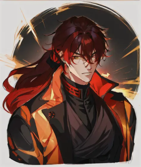 man with long red hair, ponytail at the back of the head, In a black jacket, black cloak, Anime handsome, looks tired, Detailed drawing, serious, handsome guy in demon slayer art, Tall anime guy with golden eyes, male anime character, inspired by Okumura M...