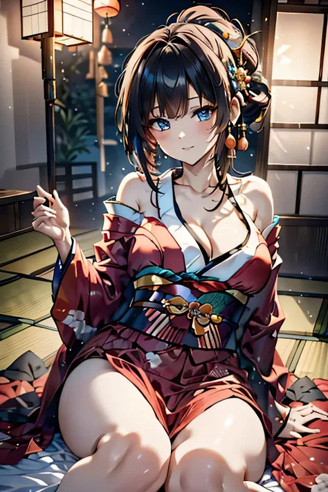 (((sit on a futon in a Japanese-style room:1.3))),(((Gorgeous courtesan kimono:1.7))),(Beautiful mature woman dressed as an aristocrat&#39;s courtesan),(((A flashy and extravagant courtesan&#39;s costume:1.3))),(Glamorous Jar),(Gorgeous floral hair ornamen...