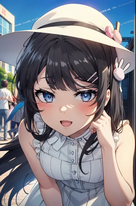 maisakurajima, Mai Sakurajima, Long Hair, bangs, (Black Hair:1.5), hair ornaments, (Purple eyes:1.1), Hair Clip, rabbit hair ornaments,time　Daytime,sunny,Light of the sun,
happy smile, smile, Open your mouth,blush,White hat,Sleeveless dress,Long skirt,Cute...