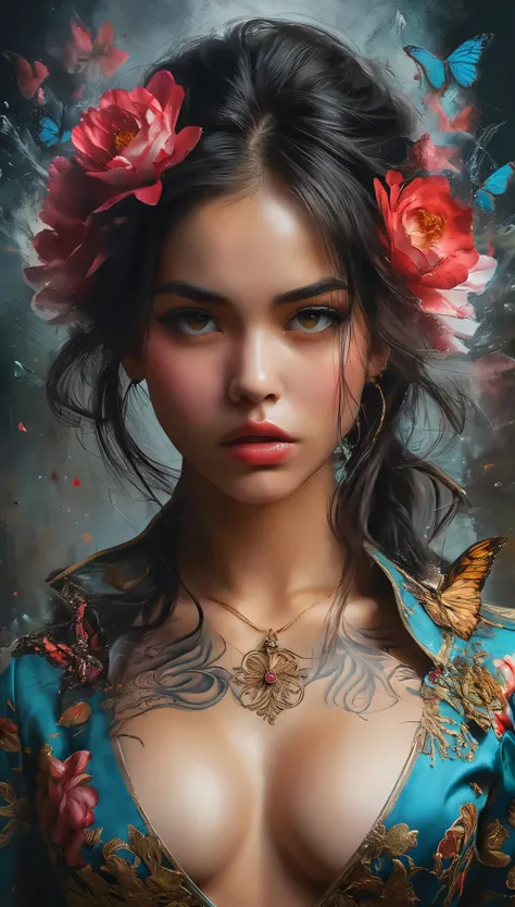 tattoo girl, very beautiful, murderous, handsome man, betrayal, anger, dark background, 8K, dynamic wallpaper, very delicate, very dense, Realistic,Photorealism