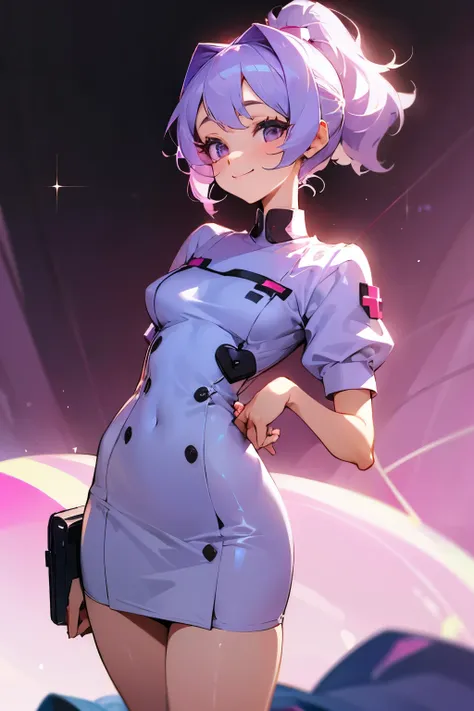 Cute girl alone, sweet smile, nurse outfit, short dress, short nurse outfit, cute, darling, lavender hair, wavy hair, tight dress, bodycon dress, short hair, ponytail