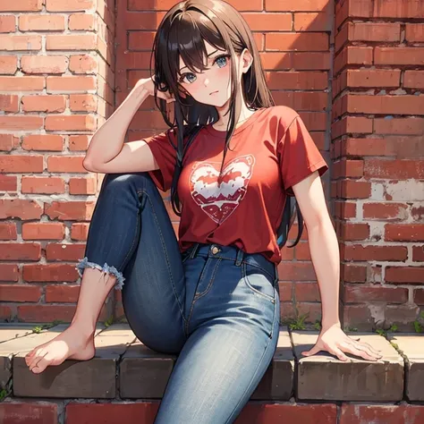 1girl, Red brick warehouse background, T-Shirts, Denim pants