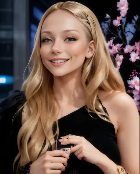 a women, blonde woman with long hair and black dress holding a mobile phone, Ester Exposito, ((pleased, smiling):1.3), In der Show Westworld, Lindsey-Look, devon cady lee, Elizabeth Olsen, ((oversaturated)), Corinne Tag, but a stern look over them, Gesicht...