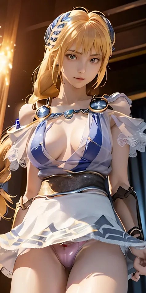 (masterpiece, best quality:1.3), Sophitia Alexandra, Soul Calibur, (from below:1.5), anime, intricate detail, japanese style, 28 years old, look at viewer, gold hair, braid hair, (evil look:1.5), (empty eyes, simple eyes, glowing red:1.5), (showing panties...