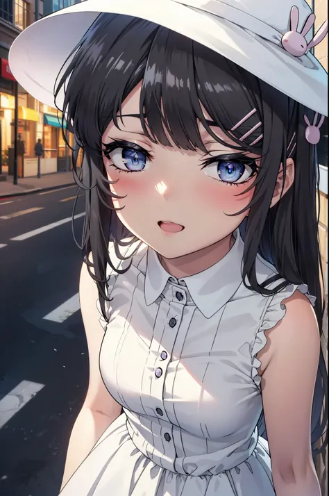 maisakurajima, Mai Sakurajima, Long Hair, bangs, (Black Hair:1.5), hair ornaments, (Purple eyes:1.1), Hair Clip, rabbit hair ornaments,time　Daytime,sunny,Light of the sun,
happy smile, smile, Open your mouth,blush,White hat,Sleeveless dress,Long skirt,Cute...