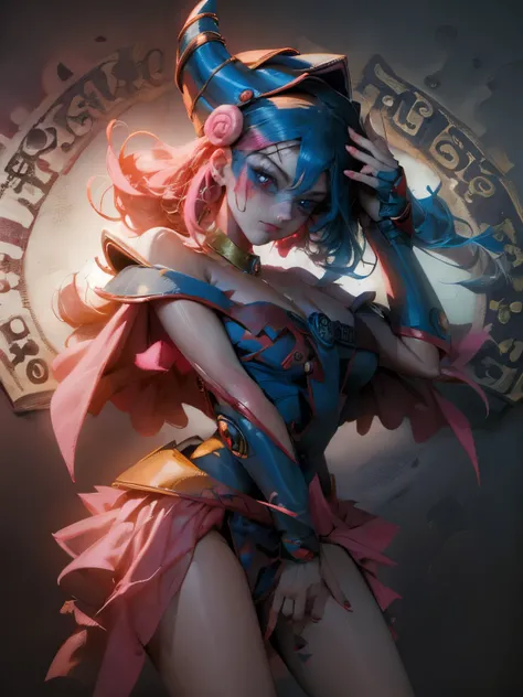 Maga oscura gils vestida de Harley Quinn. Tiene cabello rubio y negro. Ojos azules. Labios rojos. Dark magician gils is dressed as Harley Quinn. Pose sensual y inocente. Fondo de circo y magia.