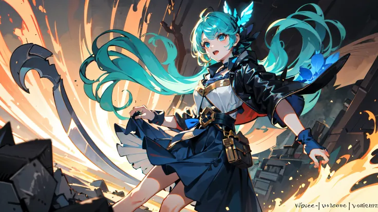 1 woman,alone, Masterpiece, best quality,Hero of the Green Forest,laugh heartily,giant ax and,dirty leather armor,blue face pattern,perfect lighting, long skirt,long hair, double tail, piercing hair, blue hair, blue eyes, Gwen,
