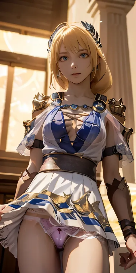 (masterpiece, best quality:1.3), Sophitia Alexandra, Soul Calibur, (from below:1.5), anime, intricate detail, japanese style, 28 years old, look at viewer, gold hair, braid hair, (evil look:1.5), (empty eyes, simple eyes, glowing red:1.5), (skirt lift by h...