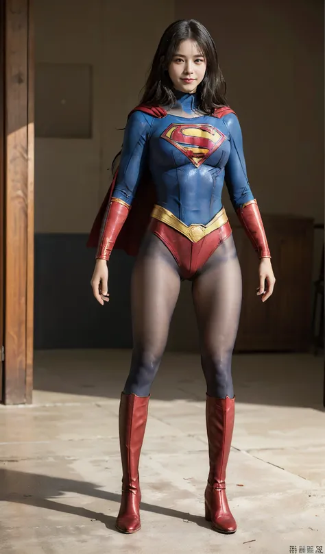 No background、(((Beautiful legs in black tights.)))、(((Legally express the beauty of your smile)))、((((Make the most of your original images)))、(((Supergirl Costume)))、(((Beautiful Hair)))、(((suffering)))、(((Please wear black tights....、Wear red boots)))、(...