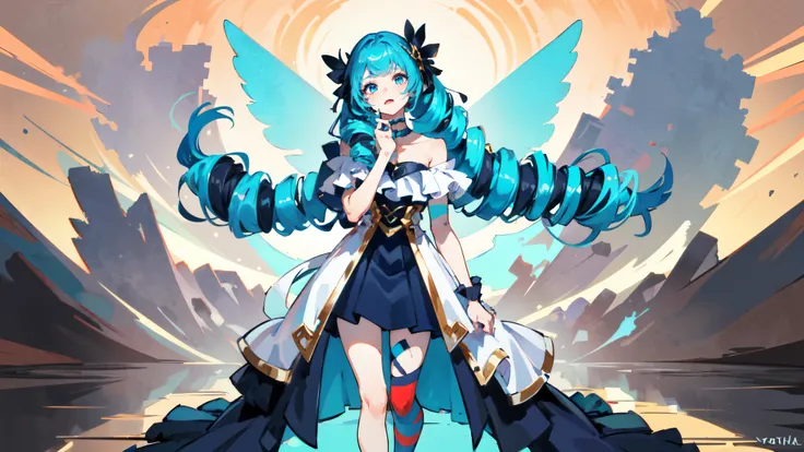 1 woman,alone, Masterpiece, best quality,full body shot,(Young woman wearing a clown costume:1.8),expression,(There is heavy makeup on the face.:1.8),Eerie laughter,perfect lighting, double tail, piercing hair, blue hair, blue eyes, Gwen,