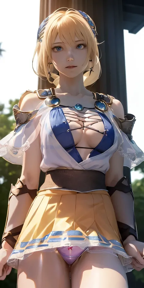 (masterpiece, best quality:1.3), Sophitia Alexandra, Soul Calibur, (from below:1.5), anime, intricate detail, japanese style, 28 years old, look at viewer, gold hair, braid hair, (evil look:1.5), (empty eyes, simple eyes, glowing red:1.5), (skirt lift by h...