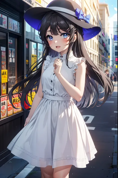 maisakurajima, Mai Sakurajima, Long Hair, bangs, (Black Hair:1.5), hair ornaments, (Purple eyes:1.1), Hair Clip, rabbit hair ornaments,time　Daytime,sunny,Light of the sun,
happy smile, smile, Open your mouth,blush,White hat,Sleeveless dress,Long skirt,Cute...