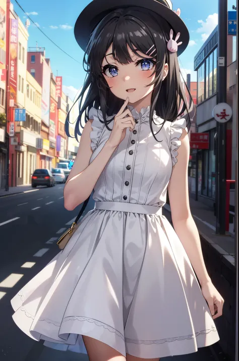 maisakurajima, Mai Sakurajima, Long Hair, bangs, (Black Hair:1.5), hair ornaments, (Purple eyes:1.1), Hair Clip, rabbit hair ornaments,time　Daytime,sunny,Light of the sun,
happy smile, smile, Open your mouth,blush,White hat,Sleeveless dress,Long skirt,Cute...