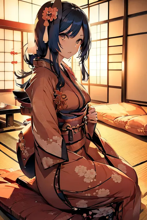 (((sit on a futon in a Japanese-style room:1.3))),(((Gorgeous courtesan kimono:1.7))),(Beautiful mature woman dressed as an aristocrat&#39;s courtesan),(((A flashy and extravagant courtesan&#39;s costume:1.3))),(Glamorous Jar),(Gorgeous floral hair ornamen...