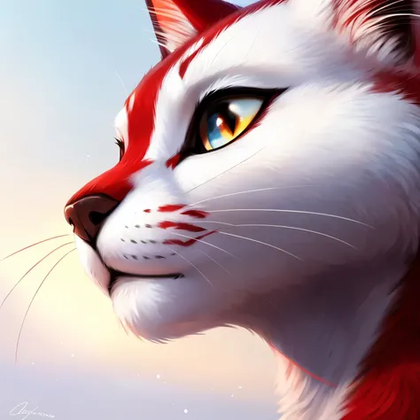 A pristine white cat with a vibrant red marking adorns the medium close-up shot. Its facial features are beautifully detailed, capturing the innocent and gentle expression of the feline. The cats fur is rendered in such high quality that each strand appear...