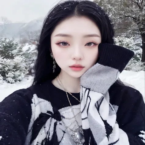 A woman with long black hair and a sweater posing for a photo., cruel korean gothic girl, ulzzang, pale, snow-white skin, pale gothic beauty, heavy winter aesthetic, kanliu666, her face looks like an orchid, hermosa mujer surcoreana, chica anime en la vida...