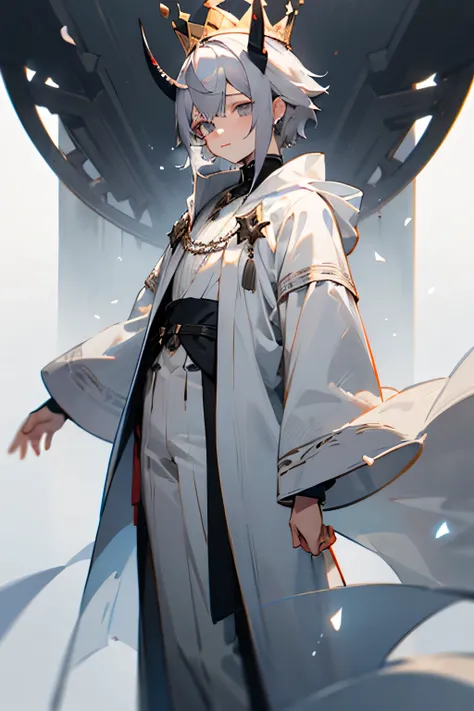 Male, Grey hair, Gray eyes, long clothes, White clothes, long sleeves, Dark crown, small horns, Dark Crystals, mist