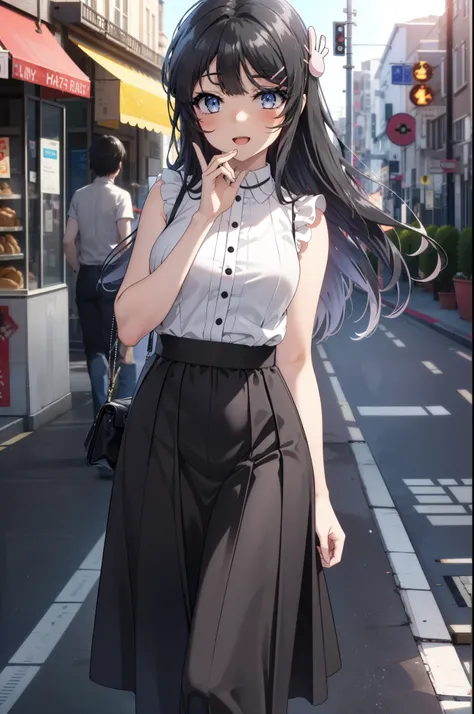 maisakurajima, Mai Sakurajima, Long Hair, bangs, (Black Hair:1.5), hair ornaments, (Purple eyes:1.1), Hair Clip, rabbit hair ornaments,time　Daytime,sunny,Light of the sun,
happy smile, smile, Open your mouth,blush,Sleeveless dress,Long skirt,Cute heeled sa...